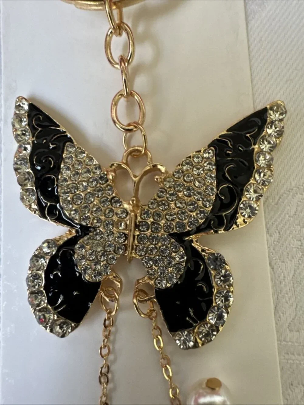 Bag Keychain Black Gold Butterfly Rhinestone Bag Charm Pearl Keyring NEW